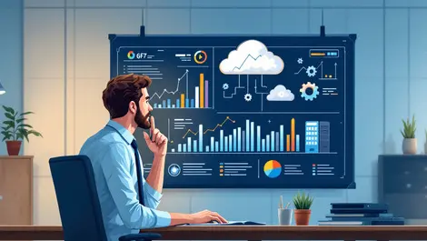 Businessperson analyzing cloud onpremises data servers charts gear icons management optimization modern office