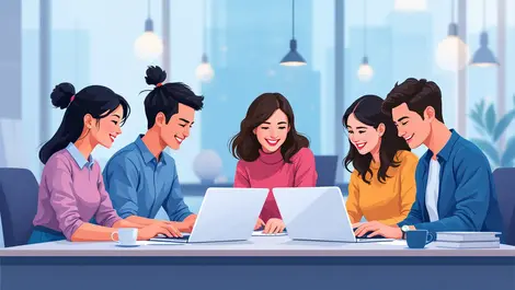 Illustration diverse young asian professionals collaborating modern office ai driven business purchasing asia pacific teamwork technology integration