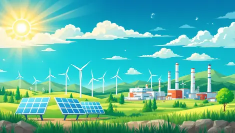 Dynamic illustration solar panels wind turbines natural gas power plant landscape