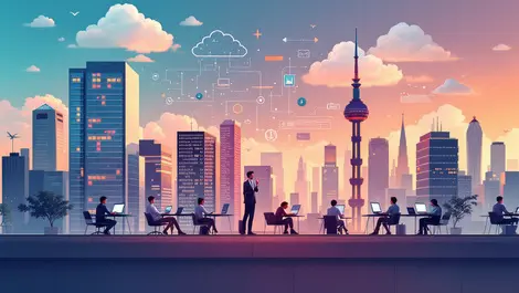 Modern office buildings cloud designs diverse chinese business professionals collaborating