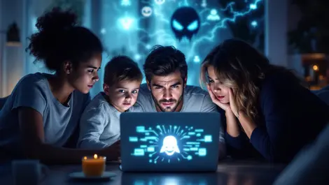 Worried new zealand family laptop digital shadows threat symbols modern home