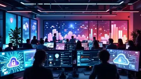 Modern office workspace silicon valley professionals computer monitors abstract digital security cloud icons enterprise ai data protection