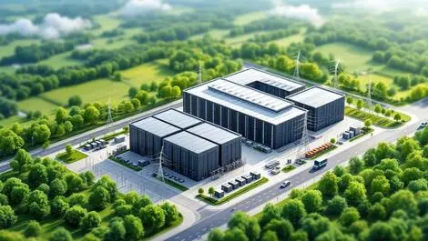 Realistic illustration modern data center germany power infrastructure energy storage green landscape sustainable integration
