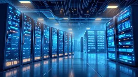 Modern data center interior sleek server racks blinking lights robust computing power