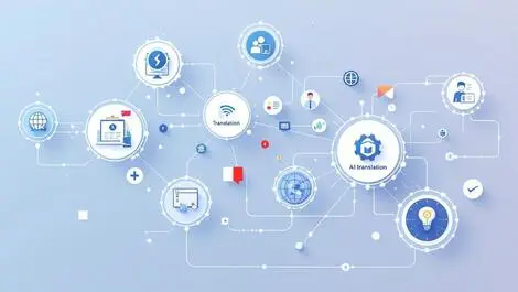 Workflow automation ai translations interconnected nodes language quality assurance global communication