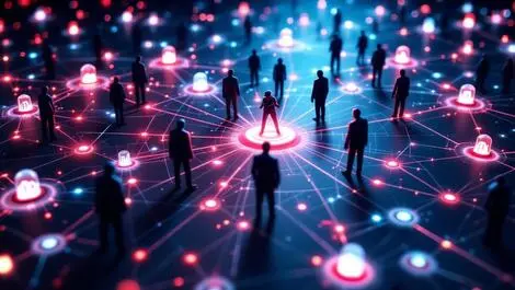 Abstract digital illustration network interconnected nodes lines cyber threats