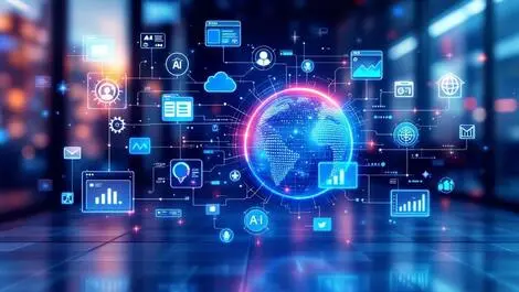 Digital marketplace interface connected data streams icons news ai analytics modern tech