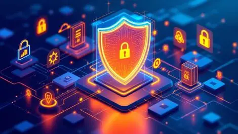 Illustration secure enterprise data center ai security protective shield modern vivid colors