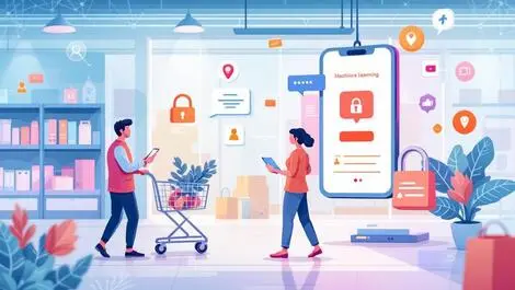 Modern shopping environment digital devices secure messaging icons alerts shield network connections fraud prevention