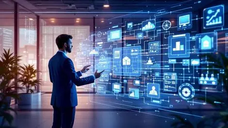 Modern business professional analyzing cyber physical system devices network links