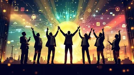 Modern corporate award ceremony professionals celebrating achievements with digital technology circuits ev icons green energy industrial sustainability