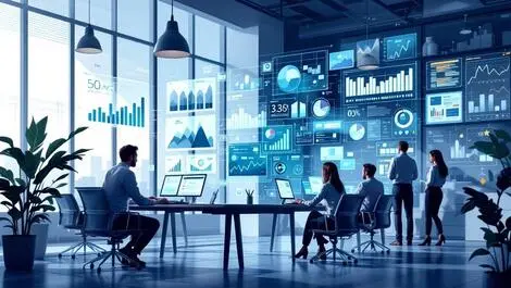 Office environment team collaboration digital data charts graphs enterprise software support cost savings stability continuity