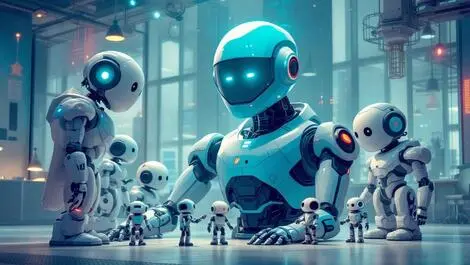 Large prominent robot leading ai model surrounded by smaller robots corporate office