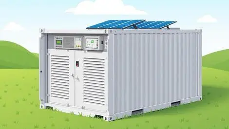 Small container data centre unit with cooling vents solar panels grassy field clear sky