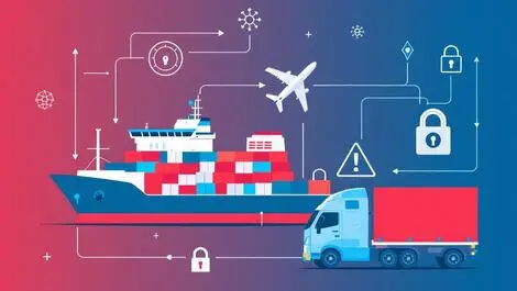 Cargo ship airplane truck digital padlocks warning icons transport cybersecurity
