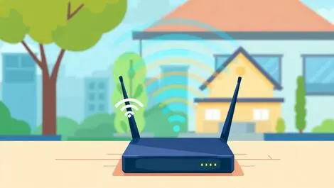 Modern wireless internet router emitting signal waves suburban house
