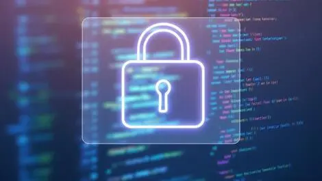 Digital lock icon over computer screen with code modern graphic style