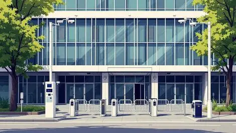 Modern office building auckland security cameras access control gates daylight