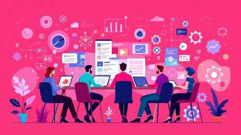 Uk marketing professionals collaborating with ai digital creative symbols