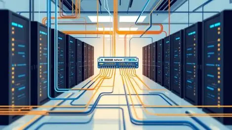 Sleek network cables fiber lines organized connecting centralized hub modern server room