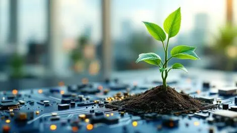 Growing green tree sprouting from circuit board symbolizing sustainable it growth