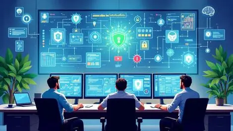 Computer security operations center analysts monitoring cyber threats ai