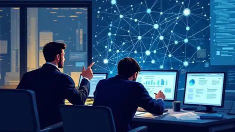 Investigators analyzing complex network graph nodes lines office ireland