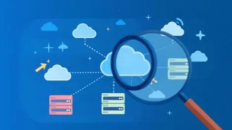 Magnifying glass cloud icons secure server racks cloud security monitoring