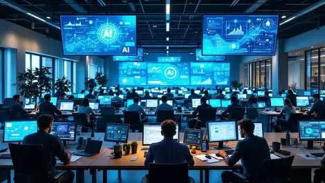 Busy open plan office people working computers ai icons abstract data patterns