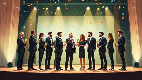 Business people holding trophies shaking hands celebratory confetti new zealand event