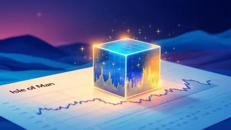 Glowing digital data cube financial graph isle of man coastlines hills