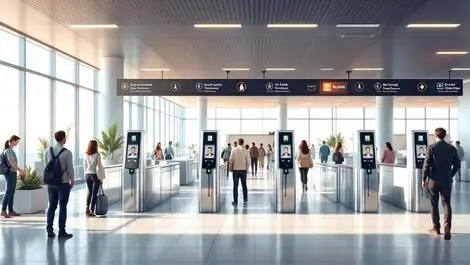 Modern airport gate biometrics facial recognition passengers efficient flow contemporary interior