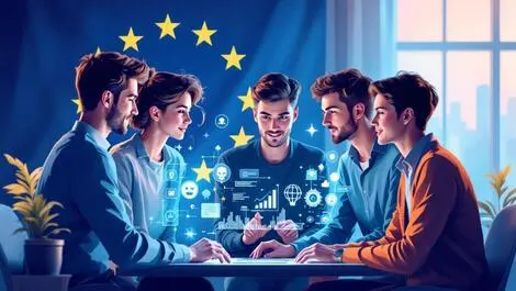 Young professionals collaborating ai data eu flag ai regulation teamwork