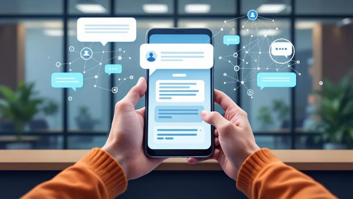 Ai agents communicating chat bubbles smartphone global connections modern office