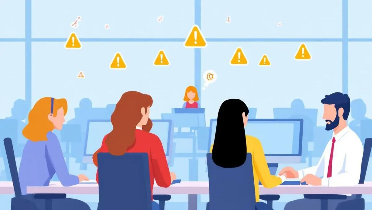 Office workers computers group risk warning icons alert symbols workplace safety