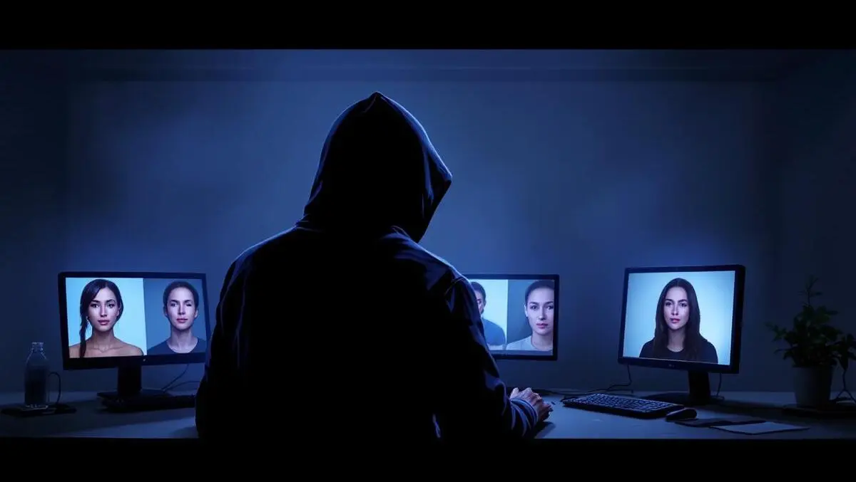 Realistic hooded figure dimly lit room computer screens faces manipulated deepfakes cybercrime