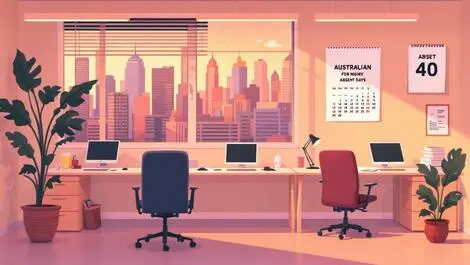 Australian office empty desks chairs calendar absent days cityscape