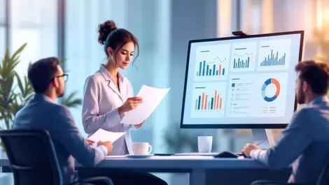 Modern office insurance agents customers discussing documents graphs advanced tech