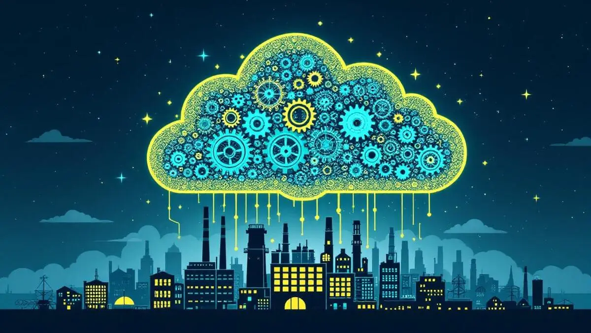 Illustration cloud gears machinery industrial buildings technological growth