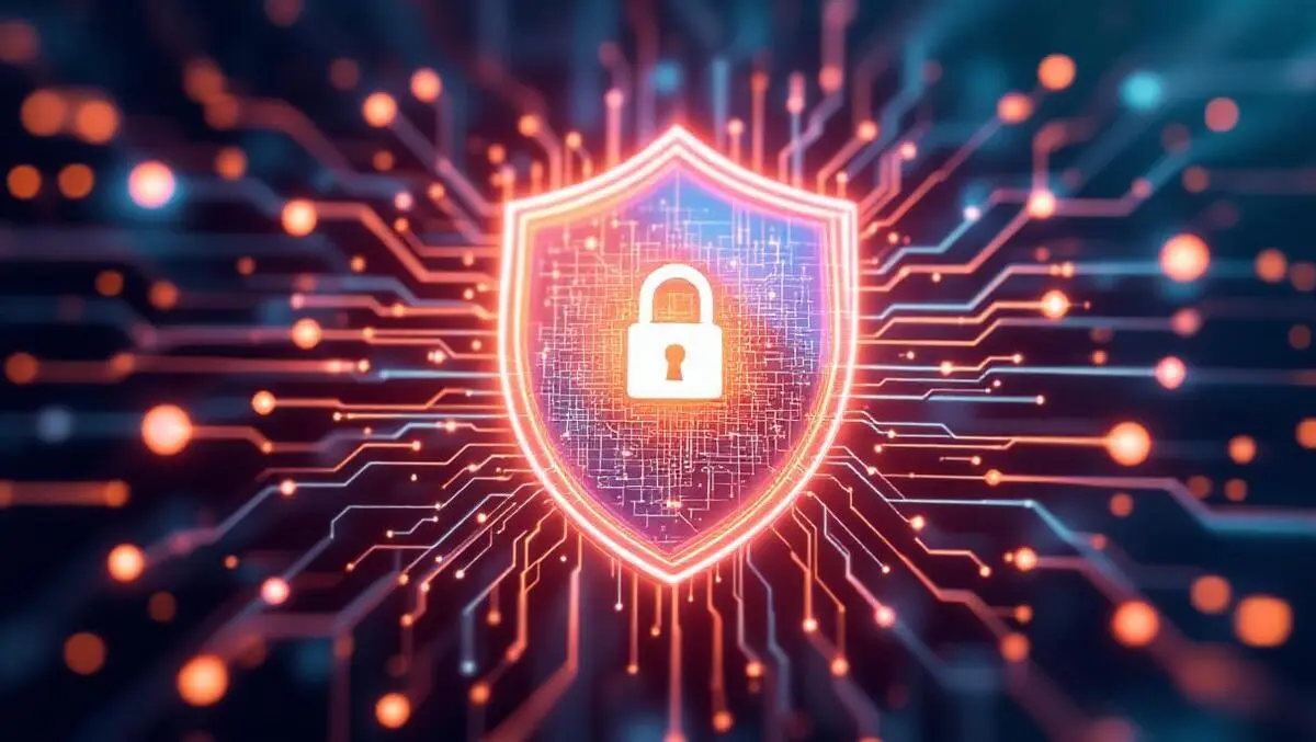 Realistic locked digital shield surrounded by ai neural network patterns secure protection