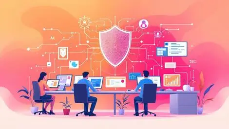 Small business office workers computers digital shield ai cybersecurity defense