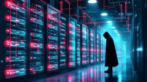 Corporate server room with glowing red alert lines and shadowy cyber threat