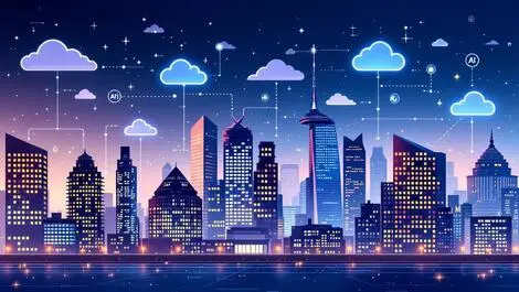 Modern uk city skyline digital cloud icons ai network lines technology