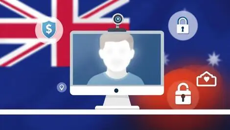 Computer screen blurred webcam face digital security icons australian flag
