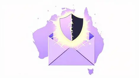 Shield over email envelope half glowing half cracked outline map australia