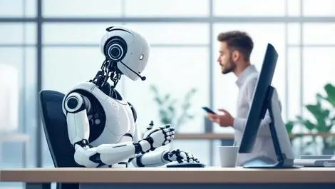 Sleek humanoid robot using headset modern office technology customer engagement