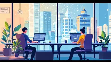 Entry level office workers global south city computers ai neural network background