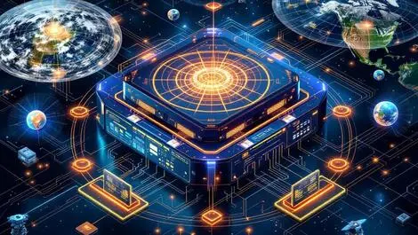 Sleek quantum computer glowing connections military radar satellite north american defense