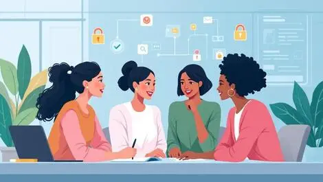 Women professionals cybersecurity collaboration modern office risk management
