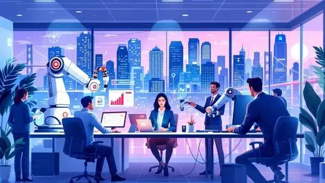 Modern office professionals overseeing robotic arms ai automation financial services san francisco cityscape